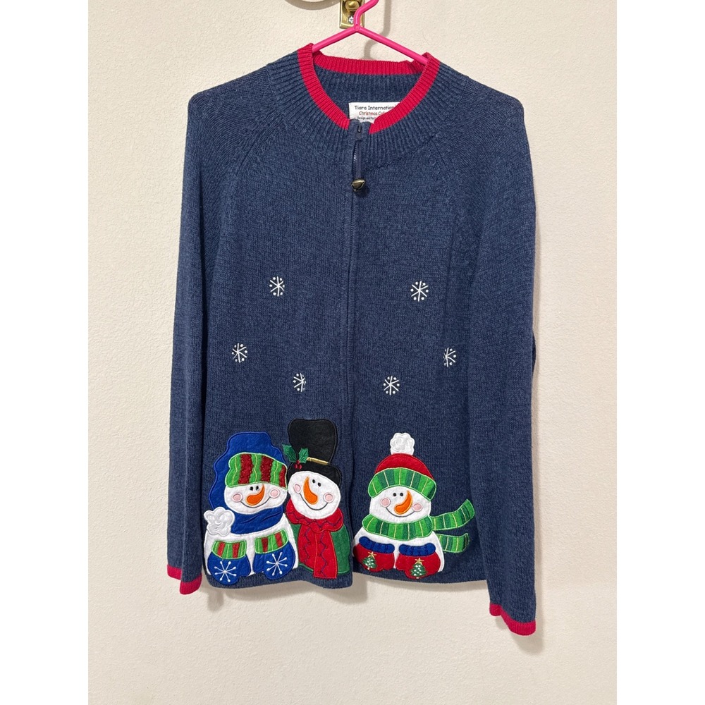 Tiara International Snowman Zip Cardigan Womens XL Blue Ugly Christmas Sweater